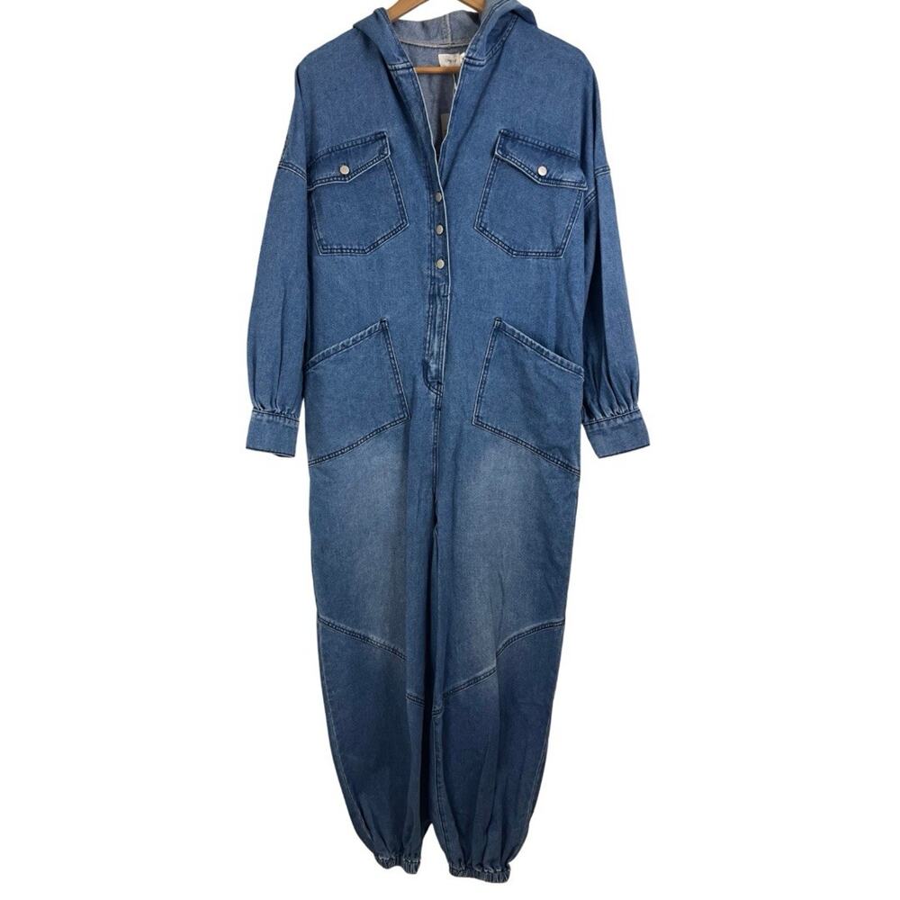 NWT Oyrosy Hooded Denim Jumpsuit Medium Blue Utility Loose Fit Jogger